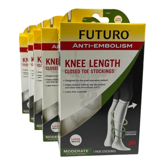 Futuro Unisex L Anti Embolism Knee Length Closed Toe Stockings White 71057 5 PK - Picture 1 of 4